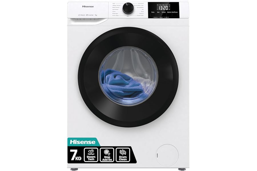 Hisense WF1G7021BW Freestanding 7 KG-Front Load Durable Inverter Washing Machine, Steam Wash-Quick Wash-15 Washing Programs-1200 RPM-White-Energy Rating B