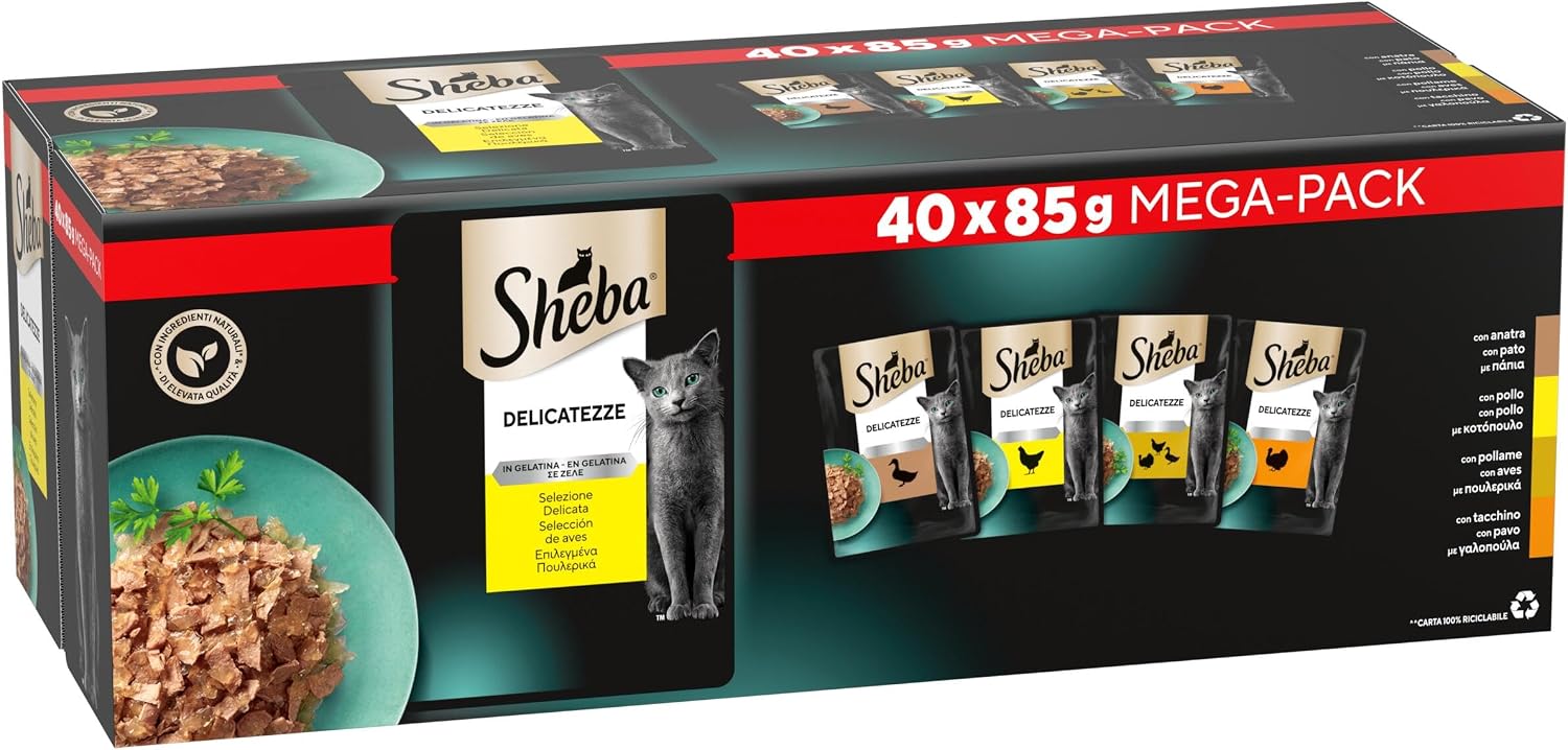 Sheba Delicatezze Comida Húmeda para Gatos, Selección de Aves en Gelatina, Mega Pack 40 Sobres de 85g