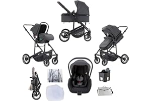 Lnhcrbs 3 in 1 Stroller,Travel System, Grey- Pushchair and Car Seat Set, Baby Stroller 3 in 1 with Car Seat, Sleeping Basket&Carrycot with Foot Cover,Heightened Foot Cover,0-4,22KG
