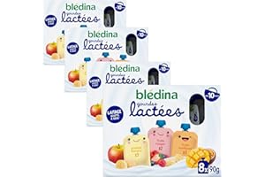 BLÉDINA - Gourdes lactées aux Fruits Bébé - Fruits Rouges/Pomme Banane/Fruits Exotiques - dès 10 Mois - 4 x (8 x 85g)
