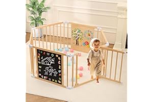 OMYbaby Wooden Playpen with Door, Expandable Baby Play Fence for Toddlers, Baby Playground with Chalk Whiteboard and Montessori Activity Games (26" High, 8 Panels)