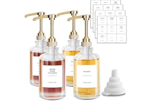 Sunal Syrup Dispenser,Gold Set of 4 Coffee Syrup Dispenser,500ml/16.9 oz Glass Syrup Bottle,Syrup pump Dispenser,Honey dispenser with 1/4oz Large Capacity Pump and 36 Waterproof Labels&Funnel