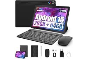 BYXSB Tablet 10 Zoll 8-in-1 Kit Android 15 Tablet PC mit Hülle Tastatur Maus Stift Kopfhörer Netzstecker Kabel Octa-Core 20 GB RAM 64 GB ROM 1TB TF Erweiterbar 1280x800 IPS Touchscreen 5000 mAh (Schwarz)