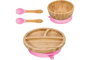 Vinsani Bamboo Bowl, Round Plate and Spoon Set for Baby/Toddler, Suction Plate, Stay-Put Design, Hypoallergenic and BPA-Free (Pink)