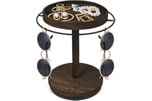 LingLingo Sunglasses Organizer 360° Rotating Eyeglass Holder Stand with Wood Tray and Base, Eye Glass Display Rack for Multiple Sunglass Storage for Table Dresser Nightstand Desk