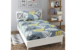 SpangleHomes 300 TC 100% Soft Glace Cotton Elastic Fitted Single Bed Bedsheet with 1 Large Pillow Cover (36 X72X6 inches, Grey Leaves)