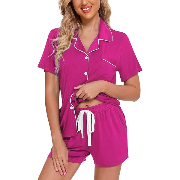Anjue Women's Short Pajama Set – Soft Bamboo Sleepwear, Button-Up Top & Drawstring Shorts | Pink, XL