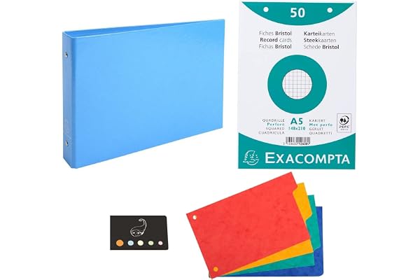 Classeur Pour Fiches + 100 Fiches Bristol A5 Quadrillées Perforées + 4 Intercalaires + 1 Index Adhésif Blumie (Bleu Ciel)