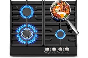 TopStrong Gas Hob 4 burners, 60cm Black Glass Gas Hob, Built in Gas Cooktop with Cast Iron Supports, NG/LPG Convertible, Gas Hob Cooker with Flame Out Protection, GCT-B04N