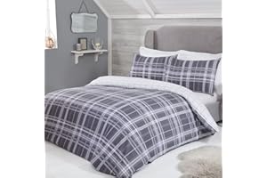 Sleepdown Tartan Check Crisscross Flannelette Brushed 100% Cotton Bedding Duvet Cover & Pillowcases Set - Grey - King