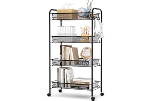 Urackify Chariot de Cuisine a 4 Niveaux pour Salle de Bain, Cuisine et buanderie. Métal résistant à la Rouille, Panier en Maille Respirante et Crochets latéraux Inclus. Facile à Installer, Noir
