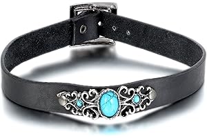 Oidea Womens Antique Adjustable Buckle Leather Choker Collar Necklace,Imitation Turquoise Charm Collar with Gift Bag