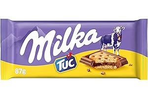 Milka Tuc Tavoletta di Cioccolato al Latte Ripieno di Biscotti Tuc, 100% Latte Alpino, Cacao Sostenibile, 87g, 1 pezzo [L'imballaggio può variare]