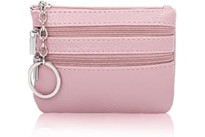Gadom Small Coin Purse, Leather Wallet for Woman, Zipper Coin Pocket Small Ladies Purse with 3 Compartments & Keychain, Lightweight, Easy to Carry (Pink)