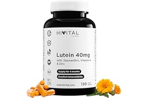 HIVITAL FOODS Lutein 40 mg. 120 vegane Kapseln für 4 Monate. Natürlicher Ringelblumenblütenextrakt mit 40 mg reinem Lutein, 8 mg Zeaxanthin, Vitamin A und Zink. Hergestellt von HIVITAL