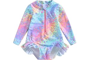 GEAGODELIA Toddler Baby Girl Swimming Costume Long Sleeve Zip Up Ruffle Mermaid Swimsuit Fish Scale Pattern Sun Protection Rash Guard Swimwear One Piece Bathing Suits Summer Beachwear