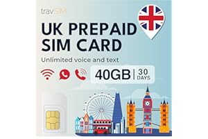 travSIM UK SIM Card | 40GB di dati + chiamate e SMS illimitati | Velocità 4G/5G | Funziona in tutto il Regno Unito | La SIM Card UK è valida per 30 giorni