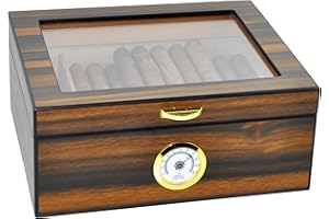 Eitida Zigarren Humidor Etui für 25–50 Zigarren, Display aus gehärtetem Glas, handgefertigte Aufbewahrungsbox aus spanischer Zeder mit Trennwand, Luftbefeuchter, Hygrometer, Santos-Palisander