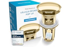 Bächlein Desagüe Universal con Rebosadero para Lavabo & Lavamanos - Válvula Pop Up Automática Dorada - Incl. 3 Juntas para Todo Tipo de Lavabos, Válvula de Desagüe - Instalación con Instrucciones