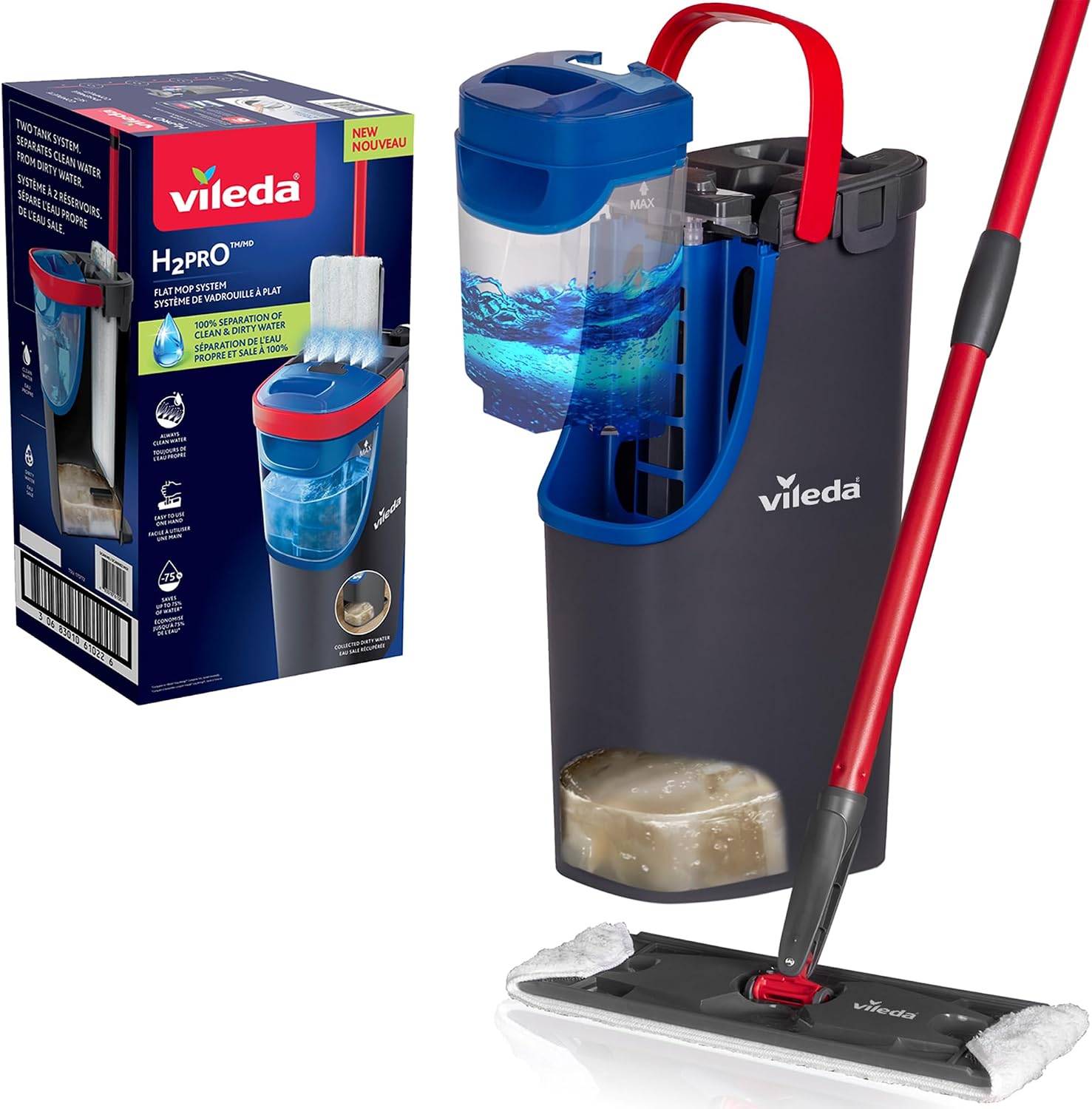 Vileda Système H2Pro balai à plat, Séparation révolutionnaire de l'eau propre et sale, Conception économe en eau, Utilisation à une main, Rangement compact, Poignée ergonomique