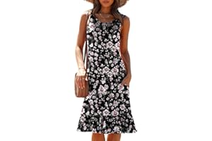 Yommay Sukienka damska na lato, elegancka sukienka o linii A, do noszenia na co dzień, okrągły dekolt, tank top, sukienka plażowa z kieszeniami