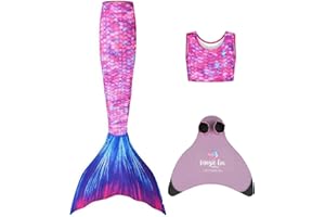 Planet Mermaid Girls Kids 3 Piece Vivid Colour Swimming Mermaid Tail, Crop Top & Wear-Resistant Magic Fin Monofin (Included)