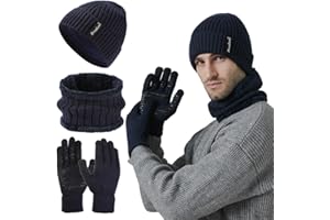 FUBABCO Invernale Cappello Sciarpa Guanti Set Uomo, Caldo Cappello Sciarpa ad Anello e Guanti Touchscreen Set Fodera in pile Beanie in Maglia Sciarpa Invernale e Guanti Termici Set Invernale 3 Pezzi