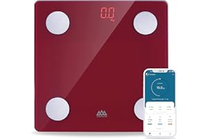 SENSSUN Bascula de Baño Digital Grasa Corporal,Inteligente Báscula Grasa Corporal Bluetooth,Monitores de Composición Corporal, 150kg/330lb 26 * 26cm, Pantalla LED(Rojo oscuro)