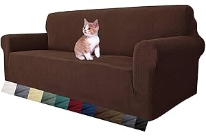 MAXIJIN Super Stretch Couch Cover for 3 Seater Couch, 1-Piece Universal Sofa Covers Living Room Jacquard Spandex Furniture Protector Dogs Pet Friendly Fitted Couch Slipcover (3 Seater, Coffee)