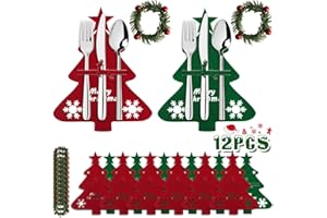 NEUFOOD Porta Cubiertos Navidad, 12 Piezas de Decoracion Mesa Navidad Incluyendo Adornos Navidad Rojo y Verde y Guirnalda Navidad de Servilletas de Pino, Arbol Navidad Fieltro, Adornos Navidad de Cubiertos