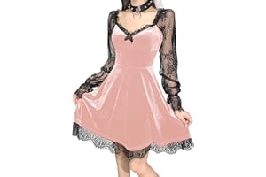 DINGJIUYAN Gothic Lace Velvet Short Dress V Neck Half Moon Sexy Halloween Party Dress Cocktail Casual Mini Dress