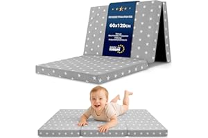 TOTSY BABY Materac do łóżeczka turystycznego 60x120 cm - Gruby składany materac dla dziecka łóżeczko turystyczne 120x60 cm Szary w białe gwiazdki