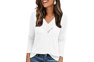 Cuptacc Pull Femme Col V Tee Shirt Manche Longue Femme Tunique Couleur Unie Longue Haut Chic Et Élégant Pulls Bouton Décoratif
