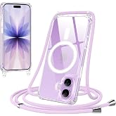 Jrkvniv Magnetic Case with Rope for iPhone 17 Case, Compatible with MagSafe, Transparent Slim TPU Silicone Anti-Shock Anti-Sc