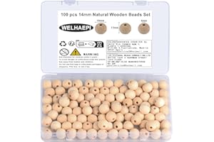 WELHAEPI 100 Pezzi Perle Rotonde in Legno, Perline Legno Naturale, Palline di Legno con Foro per Decorazioni Artigianali Fai-da-Te - 14mm