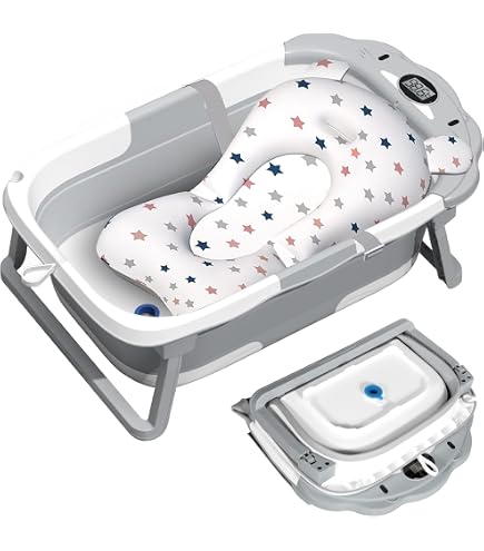 Matériaux PP TPE Sûrs Baignoire Bébé Pliable Avec Thermomètre Digital - Coussin Intégré, Prise Pour Pommeau De Douche, 0 à 36 Mois (Rose