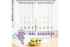 BOD HOME, 2 Piezas, Cortinas Blancas Translúcidas con Trabillas. Cortinas para Cocina, Diseños de Frutas y Tazas con Acabado de Color. Cortina Media Altura Hecha de Poliéster, 100x150cm (AnchoxAlto)