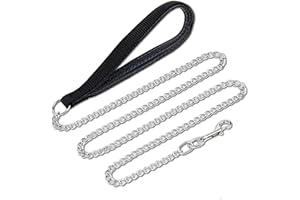PETTOM Hundeleine Stark Metall Kettenleine, Übungsleine mit PU Leder und Gepolstertem Nylon-Griff, Trainingsleine Für Kleine Mittlere und Große Hunde (L: 0.4cm*180cm) Silber