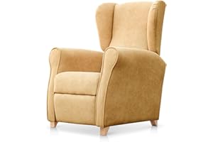 SUEÑOS ZZZ SUENOSZZZ-ESPECIALISTAS DEL DESCANSO Sillón Relax orejero Irene reclinable con Patas de Madera, Relax nórdico tapizado en Tela Antimanchas Mostaza