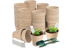 Aileem Lot de 96 pots de semis, Ø 8 cm, biodégradables avec 96 étiquettes en plastique et outils de creusement de transplantation, pots de plantation compostables pour jardinage à domicile et serre