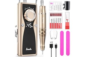 YOMANTA Torno para Uñas Profesional 45000 RPM, Portatil Pulidor Lima Electrica Uñas, USB Recargable 10H+ Duración de la Batería con 12 Bits, Torno de Uñas Inalambrico, Pantalla LCD, para Uñas de Gel - Champán