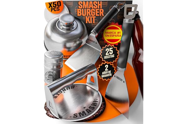 SMASHI® Smash Burger-kit med 7 st professionellt set | Smasher + 2 spatlar med öppnare + lock för att smälta ost + kryddor + 50 non-stick papper + 25 st smörjrecept för hemlagning (Avancerad)