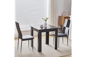PANTANAL Square Dining Room Set for 2, 75cm Black Dining Table with 2 White-Black PVC Leather Dining Chairs, 3-Piece Kitchen Table Set Dinette Set for Small Apartments, Space Saving Home Kitchen Furniture