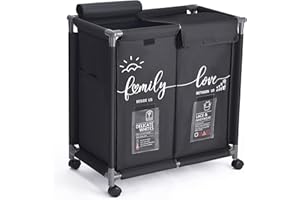 Hivexagon 2 Section Laundry Basket with Lid, Laundry Hamper, Laundry Sorter, 110L Large Oxford Clothes Laundry Sorter with Rolling Wheels, Lid and Sorting Cards for Clothes & Toys Storage Black