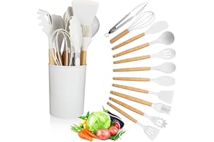 CTDMJ - Set di utensili da cucina, 12 pezzi, in silicone, con manico in legno, antiaderenti, set di utensili da cucina in silicone, resistenti al calore, colore bianco