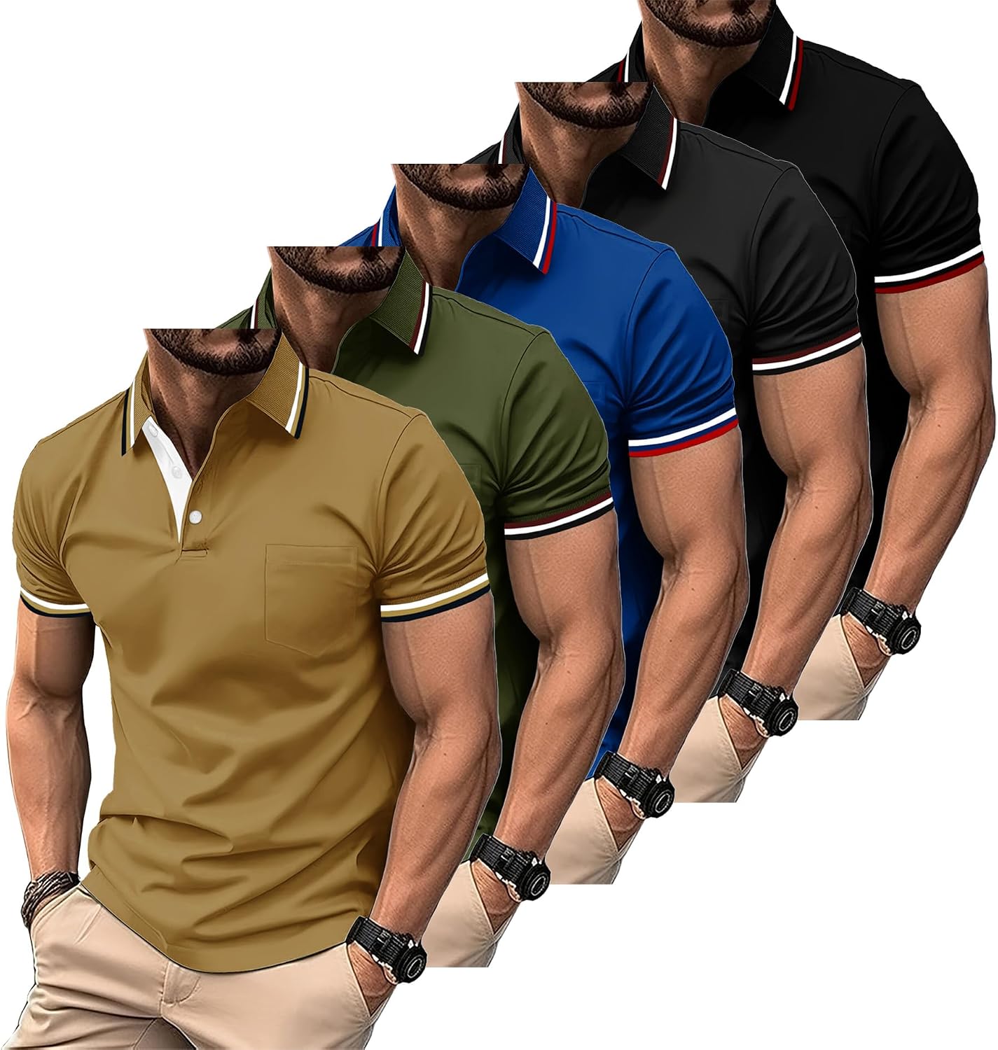 ZITY Polo para Hombre Paquete de 5 Polo Manga Corta Camiseta Golf Trabajo Transpirable Camiseta Informal con Bolsillo Verano 5 Pack T Shirt para Vacaciones