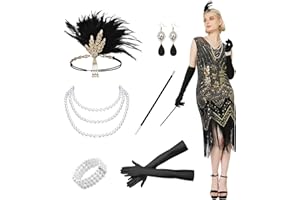WELLCHY Vestiti Anni 20 Donna, Abito Anni 1920 con Scollo a V e Paillettes Donna Costume Charleston Anni 20 con Maniche Nere, Copricapo Anni 20 e Set di Accessori Anni 20