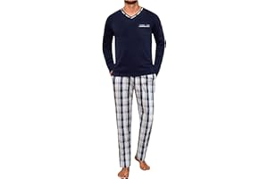 Demegimi Herren Schlafanzug Lang Winter Baumwolle Kariert Pyjama Set Weicher Hausanzug, mit V-Ausschnitt Langarm Shirt & Schlafanzughose