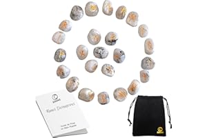 ESOAS RUNES DIVINATOIRES VIKING Pierre de Lune, Set x25 Pierres Polies Semi Précieuses Gravées Avec Sac. Idéal Pour Divination, Voyance et Magie. Alphabet Runique Futhark, Oracle de la Mythologie Nordique
