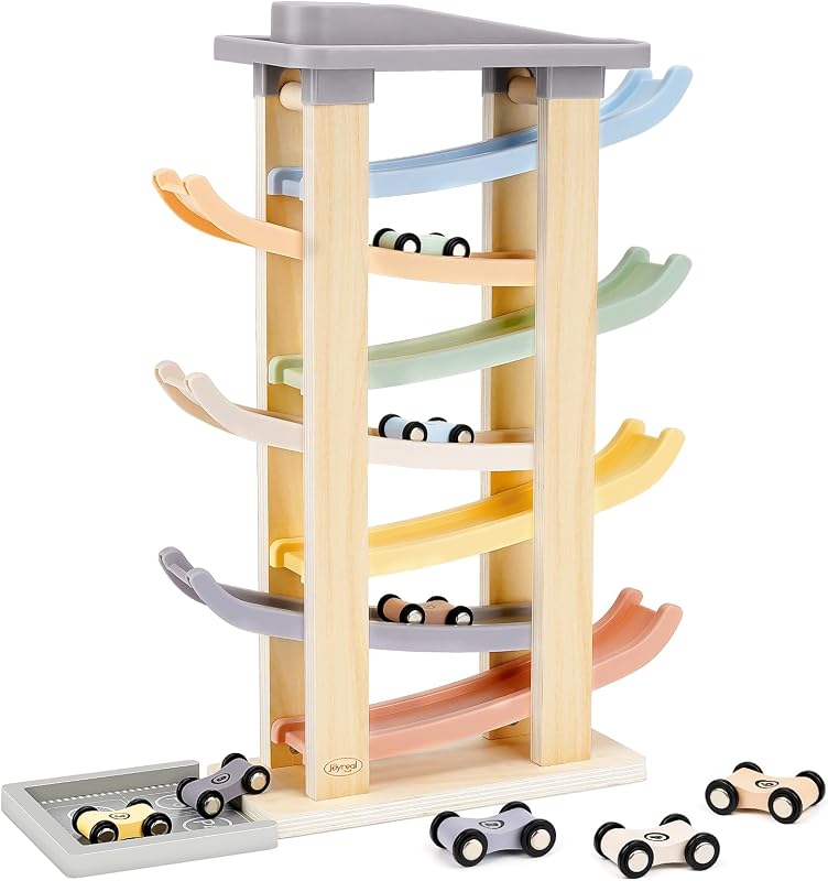 Joyreal Jouet Bebe 1 2 an - Rampe Voiture en Bois, Jeux Montessori avec 8 Mini Voiture Enfant et Un Garage Bois Jouet Cadeau Garcon Fille Enfant